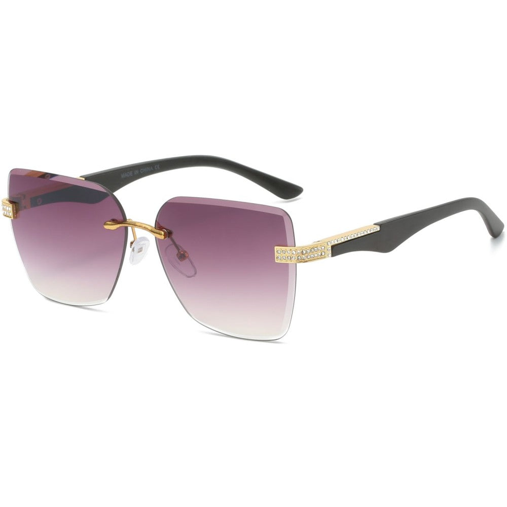 Cat Eye Frameless ,Gradient Tinted Lens, Sunglasses with Stones UV400