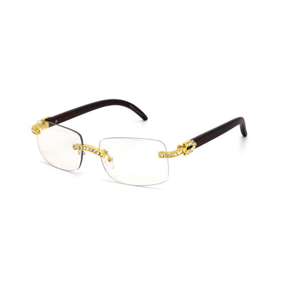 Unisex Square Clear Lens Eyewear Wood Arms Stones UV400