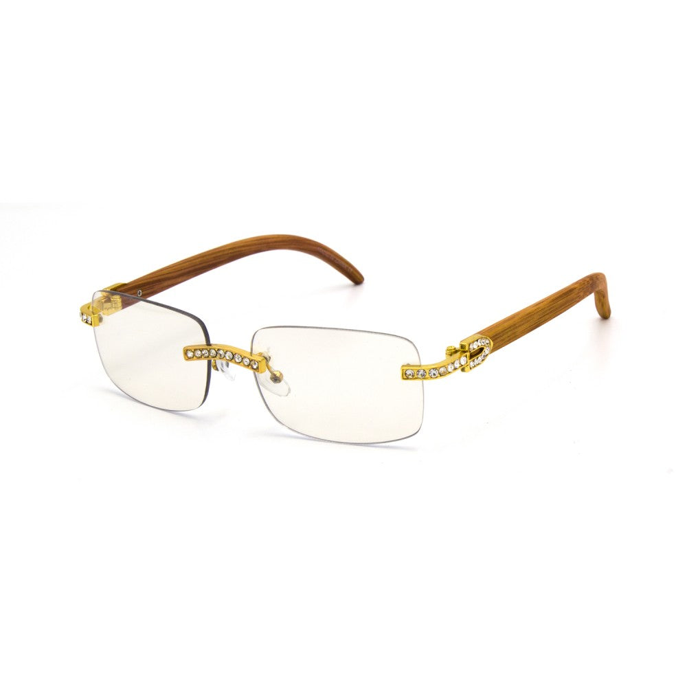 Unisex Square Clear Lens Eyewear Wood Arms Stones UV400